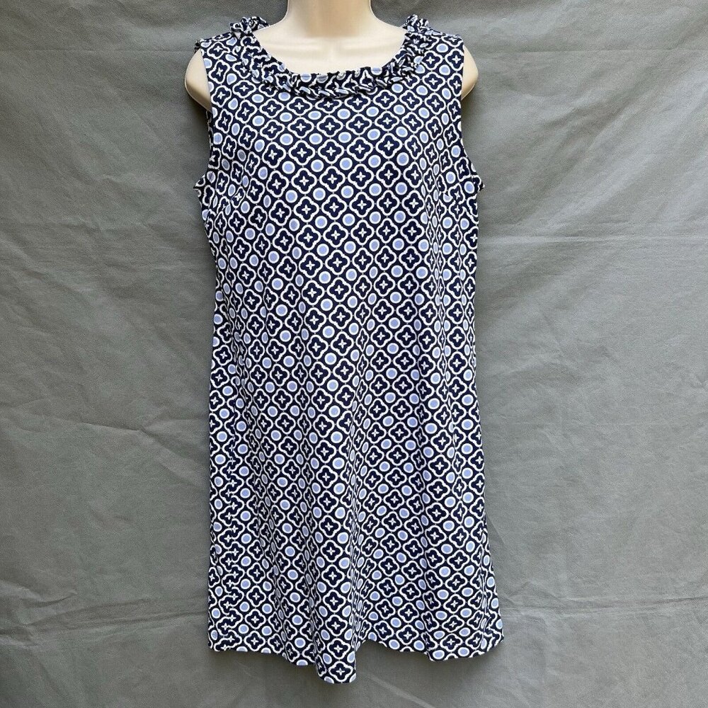Talbots Size Medium Blue Geo Print Shift Dress Blue White Pleated Shift